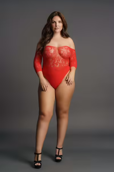 Le Desir боди Plus Size с дантела и ръкави 3/4, черно, отворено