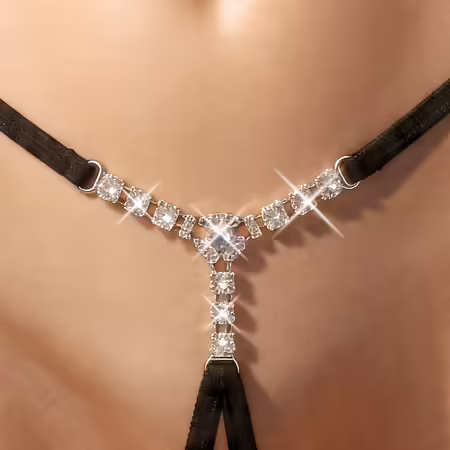 LINGERIE String Rhinestones S-L черни с декоративни кристали