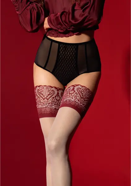 FiORE Arabesque Stay Ups 20 Denier - Red Lace Top, Sheer, Durable, S-XL