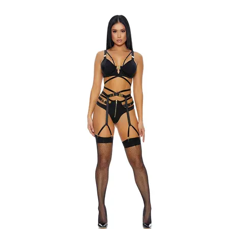 Dreamgirl Buckle Up 3-Piece Lingerie Set with Gold Accents XL