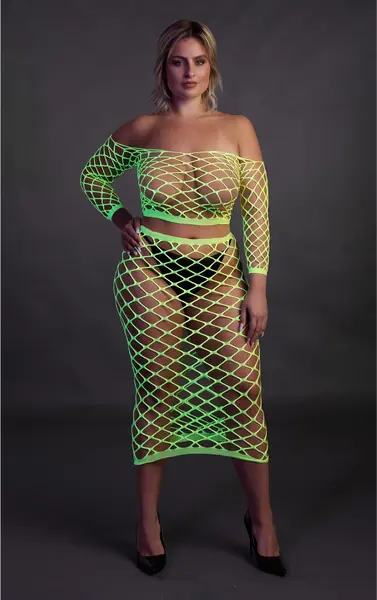 Neon Pink Long Sleeve Crop Top & Maxi Skirt UV-Activated Set by Shots