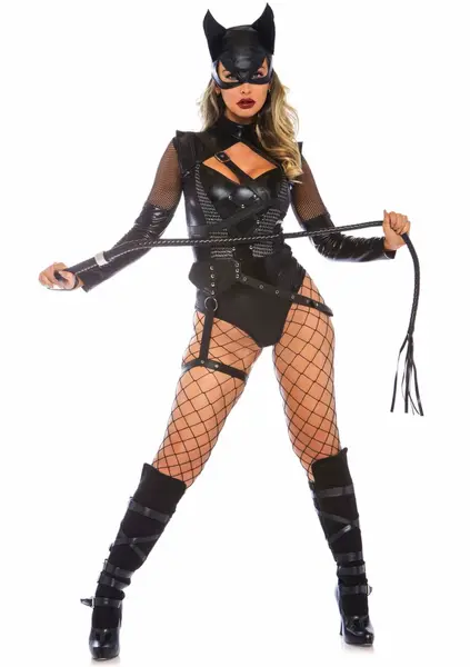 Villainess Vixen Bodysuit Set with Cat Mask, Wetlook & Fishnet, S/M