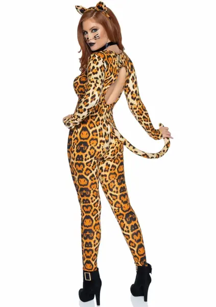 Leg Avenue Cougar Catsuit 3-Piece Set with Ears and Collar, Black, One Size