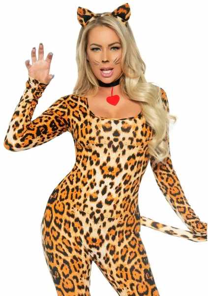 Leg Avenue Cougar Catsuit 3-Piece Set with Ears and Collar, Black, One Size