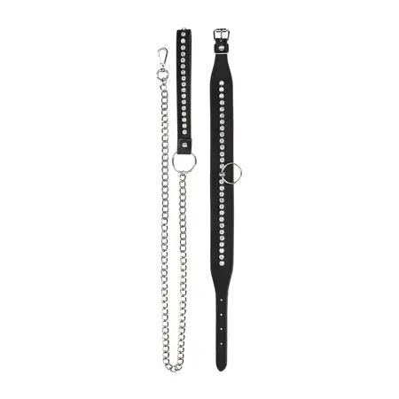 Shots Diamond Series Adjustable Collar with Leash, Black, Studded Design