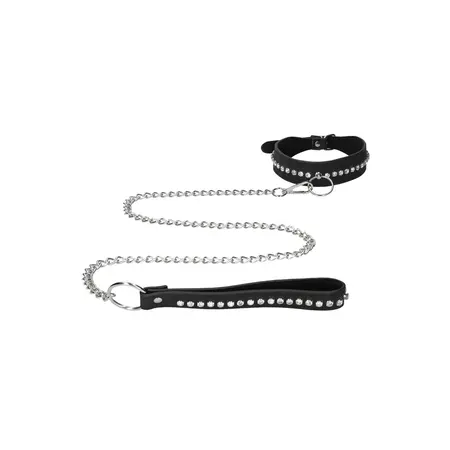 Shots Diamond Series Adjustable Collar with Leash, Black, Studded Design