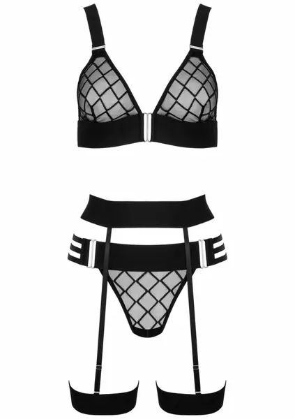 THP105 3-Piece Lingerie Set - Mesh Diamond Pattern, Adjustable Straps
