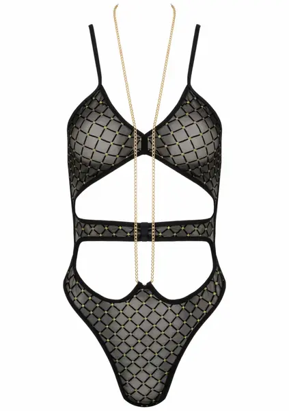 Body BD101 by Body - Gold Embroidered Tulle Bodysuit with Removable Chain