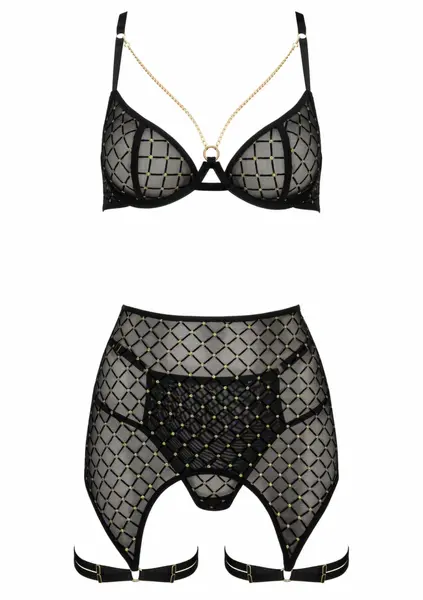 THP101 3-Piece Lingerie Set Gold Embroidery Adjustable Straps
