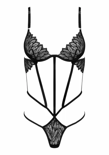 Body BD102 Black Lace Bodysuit with Geometric Straps by Body