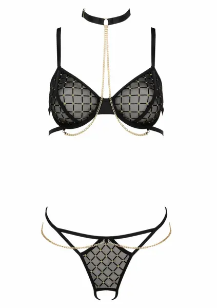 TP101 Lingerie Set 2 Pcs Gold Embroidery & Tulle, Adjustable Choker