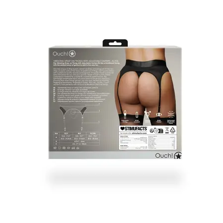 Вибриращ страпон стринг с жартиери, черен, регулируем, XL/2XL