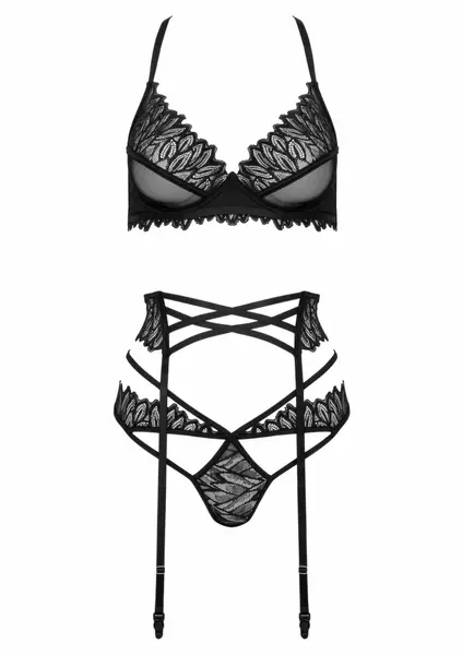 THP102 Black 3-Piece Lace Lingerie Set with Embroidered Details