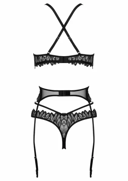 THP102 Black 3-Piece Lace Lingerie Set with Embroidered Details
