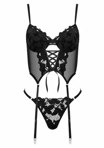 Corset And Thong CO103 Black Lace Set with Adjustable Straps