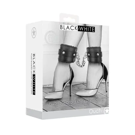 OUCH! Plush Bonded Leather Adjustable Ankle Cuffs with Soft Lining Black