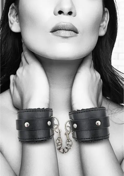 OUCH! Deluxe Plush Bonded Leather Handcuffs Adjustable Black