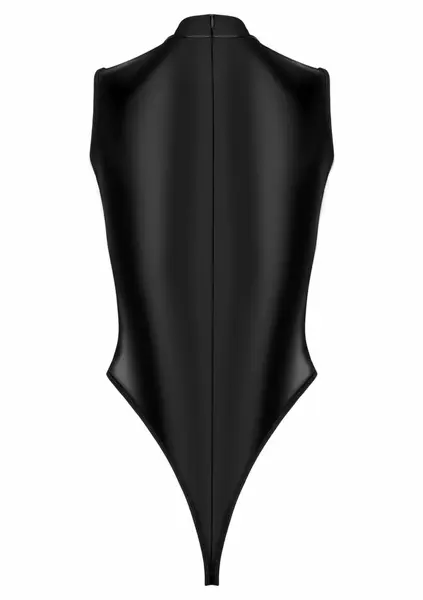 Body BD100 Wet-Look & Lace Sleeveless Bodysuit, Deep Neckline, Black