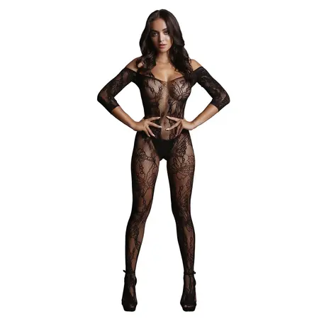 Shots Lace Patterned Long Sleeve Bodystocking One Size S-L