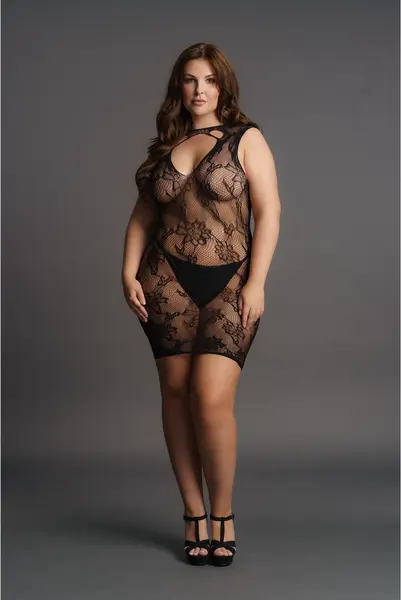 Rimba Plus Size High Neck Lace Pattern Mini Dress XXL-5XL Black