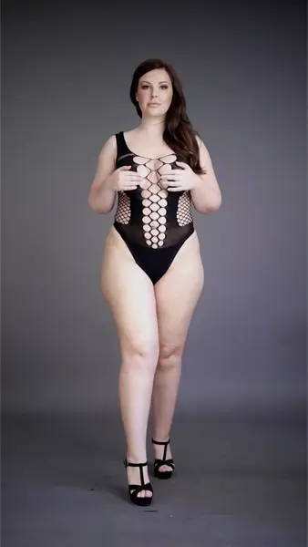Passion Contrast Fence Net Teddy Deep V Plus Size XL-4XL Black