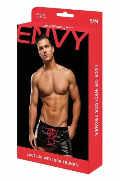 ENVY Lace-Up Wetlook Trunks Black/Red S/M - Adjustable Modern Design