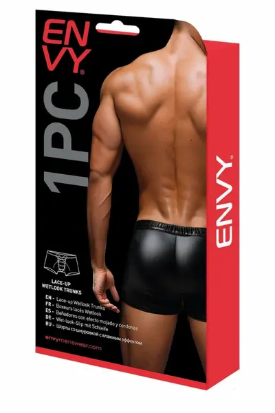 ENVY Lace-Up Wetlook Trunks Black/Red S/M - Adjustable Modern Design