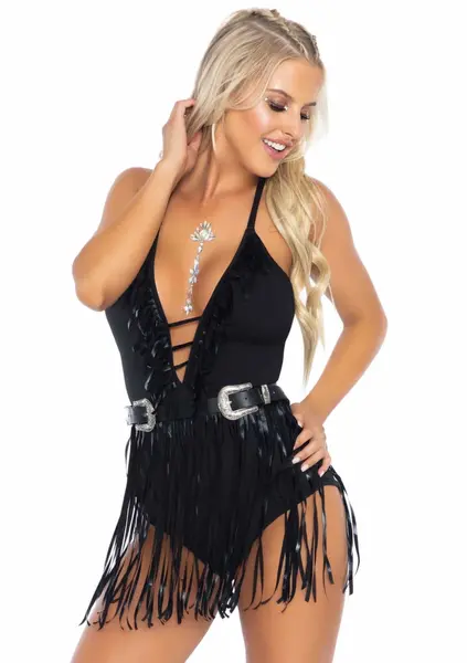 Leg Avenue Fringe Halter Bodysuit Black - Deep V, Festival Style M/L