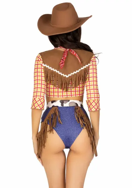 Playful Cowboy Set 5-Piece - Fringe Crop Top, High Waist Pants, Accessories XS