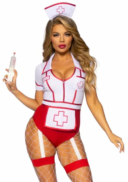 Nurse Feelgood Bodysuit Costume with Apron and Hat - L