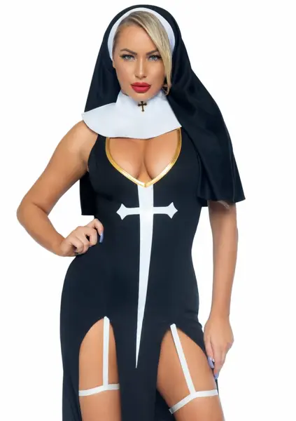 Sultry Sinner Dress Costume with Vinyl Details and Nun Habit, Black S