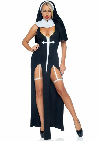 Sultry Sinner Dress Costume with Vinyl Details and Nun Habit, Black S