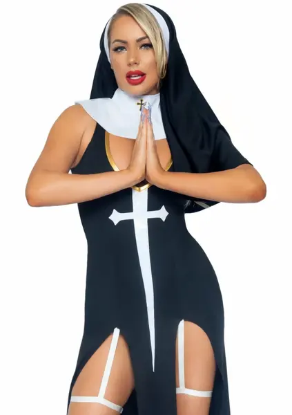Sultry Sinner Dress Costume with Vinyl Details and Nun Habit, Black S