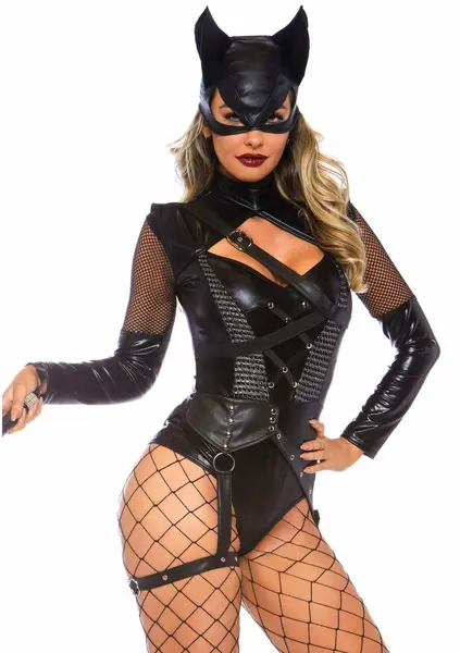 Villainess Vixen Bodysuit Set with Cat Mask - Black Wetlook, M