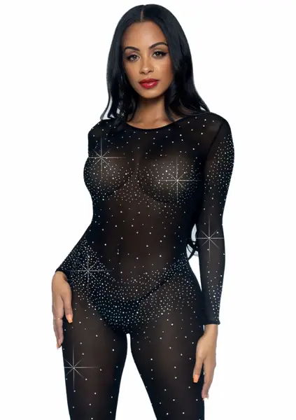 Sheer Rhinestone Catsuit - Long Sleeve Sparkling Bodystocking S