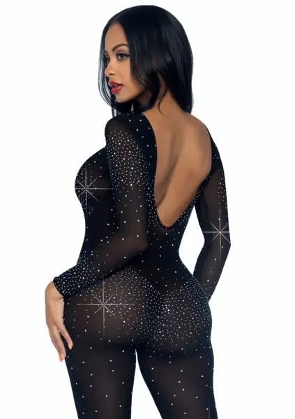 Sheer Rhinestone Catsuit - Long Sleeve Sparkling Bodystocking XS