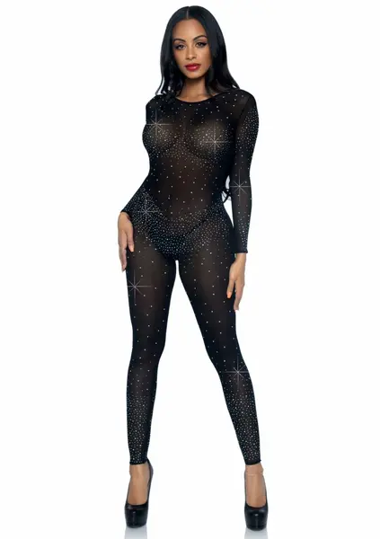 Sheer Rhinestone Catsuit - Long Sleeve Sparkling Bodystocking XS