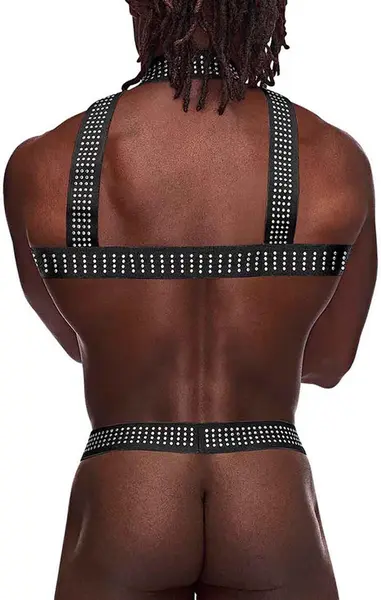Male Power Elastic Harness Black Adjustable Studded One Size