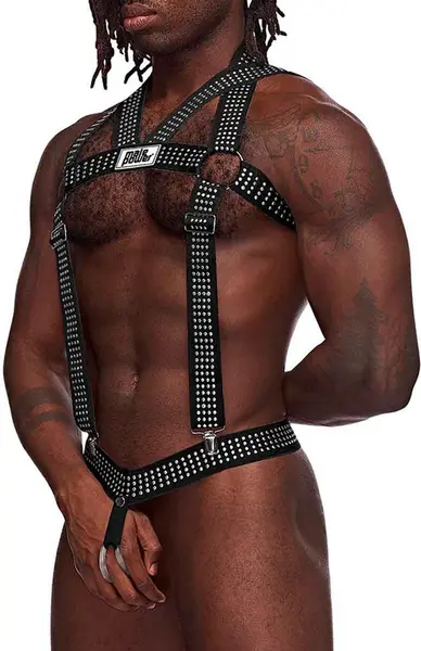 Male Power Elastic Harness Black Adjustable Studded One Size