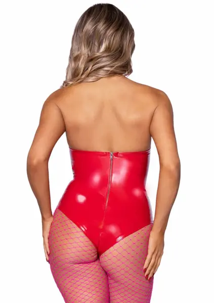 Leg Avenue Vinyl Boned Bodysuit Black Strapless Bat-Wing Design