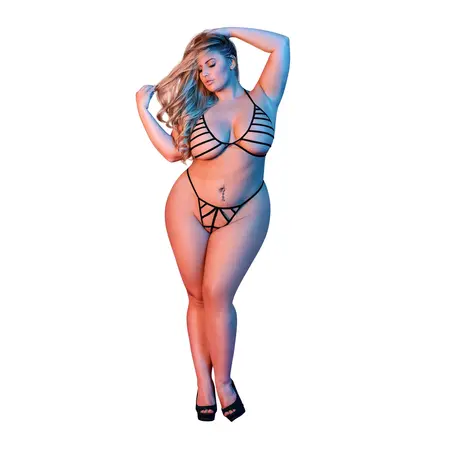 Magic Silk Exposed 2X Black Strappy Bra & G-String Set Adjustable