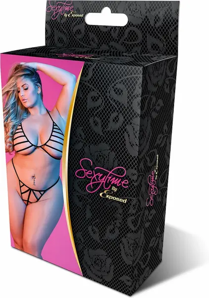 Magic Silk Exposed 2X Black Strappy Bra & G-String Set Adjustable