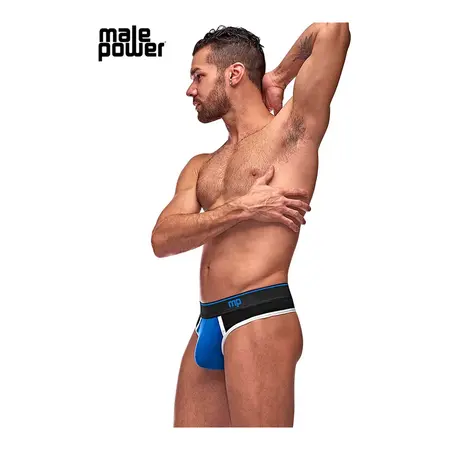 Male Power Retro Sport Panel Thong S/M Black-Blue, Contrasting Details