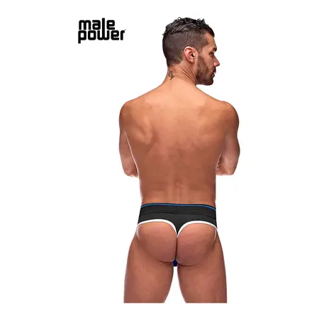 Male Power Retro Sport Panel Thong S/M Black-Blue, Contrasting Details
