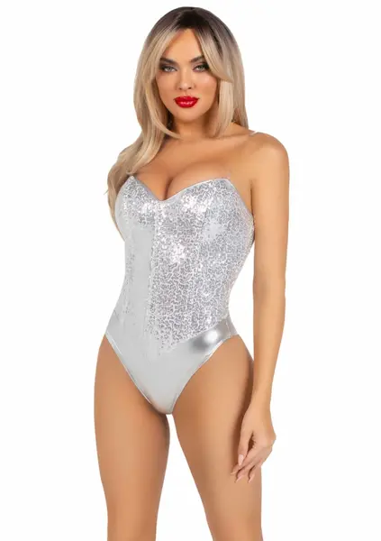 Sequin Boned Bodysuit with Detachable Straps, Snap Closure, Silver