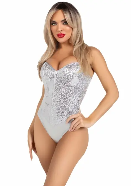 Sequin Boned Bodysuit with Detachable Straps, Snap Closure, Silver