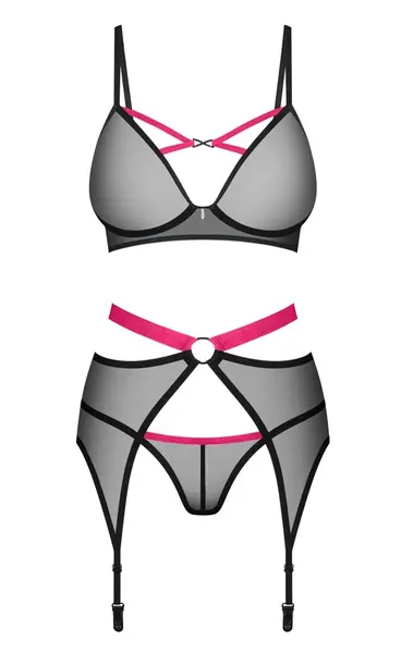 Obsessive Novenes Set M/L - 3-Piece Powernet Lingerie with Pink Accents