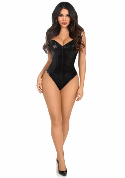 Sequin Boned Bodysuit with Detachable Straps, Snap Closure, Silver, S-L