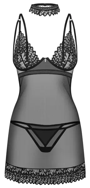 Obsessive Donarella Chemise Set XL/2XL Black - 3-Piece Embroidered