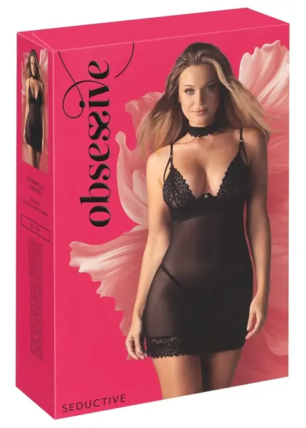 Obsessive Donarella Chemise Set XL/2XL Black - 3-Piece Embroidered